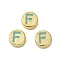 Alloy Enamel Beads, Cadmium Free & Lead Free, Flat Round with Initial Letters, Light Gold, Sky Blue, Letter F, 8x4mm, Hole: 1.6mm