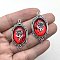 Zinc Alloy Pendants, with Resin, Oval, Gothic Rose Silver Plated Embossed Accessories Halloween DIY Pendants, Red, 42x23mm