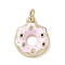 Brass Micro Pave Cubic Zirconia Pendants, Doughnut, with Enamel, Rack Plating, Long-Lasting Plated, Lead Free & Cadmium Free, Real 18K Gold Plated, with Jump Ring, Pink, 15.5x13x3mm, Hole: 3.2mm