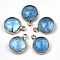 Glass Charms, with Light Gold Tone Brass Findings, Flat Round, Faceted, Deep Sky Blue, 14x11x5mm, Hole: 1.5mm