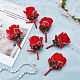 ラインストーンと布のバラの花ブートニアブローチ  結婚披露宴用の鉄の襟章  レッド  110x57x43mm  ピン：0.7mm。 AJEW-WH0258-294A-6