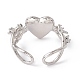 Glass Heart with Flower Open Cuff Ring RJEW-P038-01P-3
