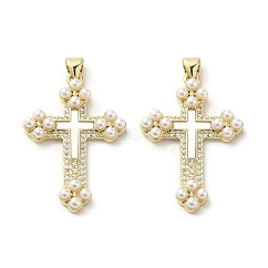 Pendenti con conchiglia in ottone, Ciondoli a croce religiosa con perla imitazione abs, vero placcato oro 18k, croce, 34x22.5x4.5mm, Foro: 3.5x4 mm