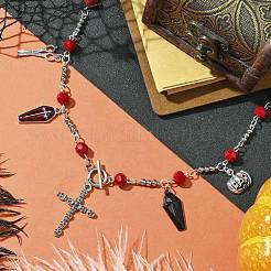 ハロウィーンの棺とスカルの十字架とカボチャの合金ペンダントネックレス  304ステンレススチールと不透明ガラスビーズネックレス  アンティークシルバー＆ステンレス鋼の色  22.44インチ（57cm）&nbsp;NJEW-JN04993