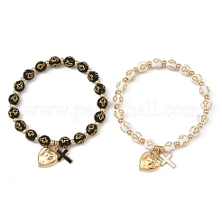 2 Stück 2-farbiges Acrylperlen- & Legierungsemaille-Kreuz- & CCB-Kunststoff-Herz-Stretch-Charm-Armband-Set für Damen&nbsp;BJEW-JB14200