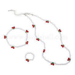 Halsketten & Armband & Fingerring-Sets aus Kirschglasperlen für Damen&nbsp;SJEW-TA0001-07
