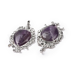 天然石アメジストビッグサイズペンダントトップ  ティアドロップチャーム  ラックメッキプラチナトーン真鍮のパーツと  56x37x8mm  穴：7x4.5mm&nbsp;G-P496-01P-16