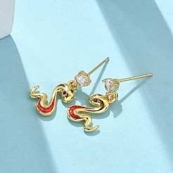 Серьги-гвоздики с подвесками из прозрачного кубического циркония с микропаве из змеиной латуни&nbsp;EJEW-D318-09G