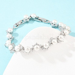 Теннисные браслеты из платиновой латуни с микропаве из кубических цирконий и пластикового жемчуга&nbsp;BJEW-B160-16P