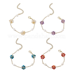天然宝石とシェルパールビーズリンクブレスレットセット（女性用）4個  花  ゴールドカラー  7-1/8インチ（18cm）&nbsp;BJEW-TA00556