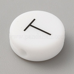 Белые плоские круглые с черными буквами силиконовые бусины&nbsp;LS-SIL-TAC0009-03T