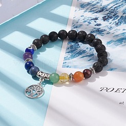 天然溶岩と混合石のストレッチ ブレスレット ランプワーク ナザールボンジュウ  女性用合金ツリーオブライフチャーム付きチャクラブレスレット7個。  内径：2インチ（5.2cm）&nbsp;BJEW-JB08321-01
