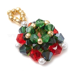 クリスマスガラスペンダント3個  シードビーズとプラスチックパール付き  クリスマスリース  ミックスカラー  33.5~41.5x24.5~26.5x9.7mm  穴：3.9~5mm&nbsp;PALLOY-JF03010