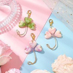 クローバーアクリル＆ガラスペンダントデコレーション3個  バッグの飾りに使えるロブスタークロウ留め具チャーム  ミックスカラー  79mm&nbsp;HJEW-JM02955