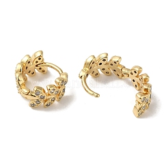 真鍮パヴェクリアキュービックジルコニアフギーフープピアス（女性用）  18KGP本金メッキ  葉  14x7mm&nbsp;EJEW-C097-12G-01