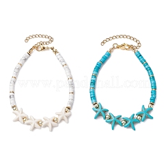 女性用合成ターコイズ＆プラスチックパールビーズリンクブレスレット2個  ヒトデ  ミックスカラー  15-3/8インチ（39cm）&nbsp;BJEW-JB11286