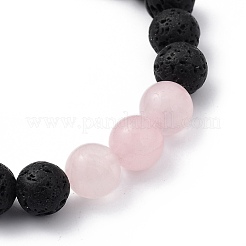 Bracelets extensibles en quartz rose naturel et pierre de lave&nbsp;BJEW-JB05415-02