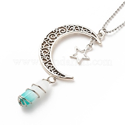 Balle de jade blanc vert naturel avec collier pendentif lune et étoile en alliage&nbsp;NJEW-JN03912-05