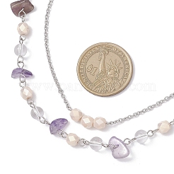 Halsketten mit natürlichen Amethystsplittern und Glas sowie handgefertigter Gliederkette aus Edelstahl 304 mit zwei Lagen für Damen&nbsp;NJEW-JN05363-01