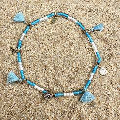 Bracelets de cheville extensibles en alliage de style bohème avec breloque en forme de pièce de monnaie et pompon en plastique et perles de rocaille&nbsp;FS-WGB8A48-02