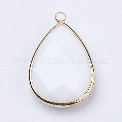 ゴールデントーン真鍮ガラスティアドロップペンダント  多面カット  雪  18x10x5mm  穴：2mm&nbsp;X-GLAA-M006-A-22G