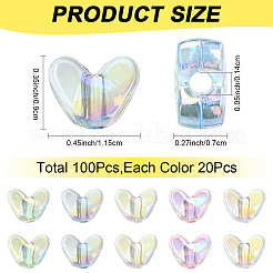 100色UVメッキ透明アクリルビーズ5個  虹色の  ハート  ミックスカラー  9x11.5x7mm  穴：1.4mm  20個/カラー&nbsp;MACR-YW0004-89