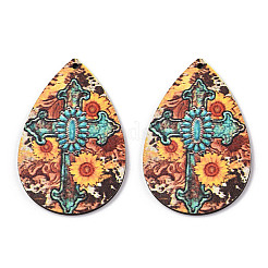 Gros pendentifs en bois imprimé tournesol simple face&nbsp;WOOD-TAC0021-01C