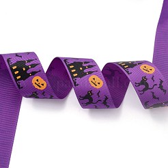 ポリエステルグログランリボン  片面印刷  ハロウィンギフトラッピング用  パーティーデコレーション  ハロウィーン模様  パープル  1インチ（25mm）  /ロール100ヤード（91.44メートル/ロール）&nbsp;SRIB-B002-02A-01