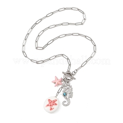Colliers pendentifs ovales en porcelaine faits main avec pendentif en forme d'étoile de mer et d'animaux marins en acier inoxydable 304&nbsp;NJEW-JN06563