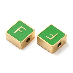 304ステンレススチールエナメルビーズ  14KGP本金メッキ  文字のある正方形  文字F  8x8x4mm  穴：2mm&nbsp;STAS-L022-293G-F