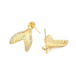 Фурнитура для сережек-гвоздиков из латуни с микропаве из прозрачных кубических цирконий в форме рыбьего хвоста KK-D102-06G