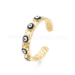 Настоящее 18-каратное позолоченное латунное открытое кольцо-манжета с эмалью от сглаза для женщин RJEW-Q166-02A