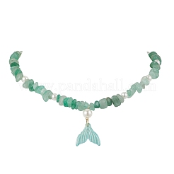 Ожерелья с бусинами из натурального зеленого авантюрина и имитацией круглого жемчуга NJEW-JN05227-03