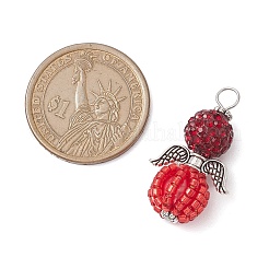 ガラスシードビーズペンダント付き合金  ポリマークレイラインストーン付き  角度  レッド  32x17x17mm  穴：4x3.5mm&nbsp;PALLOY-MZ00276-04