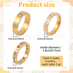 6 шт. 6 стиля 201 нержавеющая сталь полые римские цифры набор колец для пальцев со стразами RJEW-AN0001-21