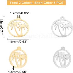 12個2色201ステンレスペンダント  手動研磨  ヤシの木と環  本金メッキ&ステンレススチールカラー  18x16x1.5mm  穴：1.2mm  6個/カラー&nbsp;STAS-UN0029-08