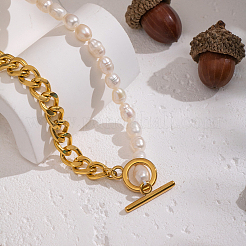 Цепочка из кубинских звеньев из нержавеющей стали 304 с натуральным пресноводным жемчугом и бусинами из риса SU5671