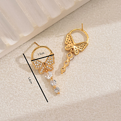 Элегантные серьги-гвоздики с подвесками в виде бабочек из латуни с прозрачными кубическими цирконами&nbsp;UU2168