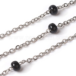 304 Stainless Steel Cable Chains, Satellite Chains, with Enamel, Soldered, with Spool, Flat Oval, Black, 2.4x2x0.4mm, Beads: 4mm, about 32.8 Feet(10m)/roll