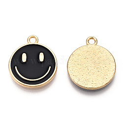 Colgantes de esmalte de aleación de tono dorado claro, ronda plana con amuletos de cara sonriente, negro, 19x16x1.5mm, agujero: 1.8 mm