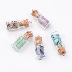 Pendenti bottiglia di vetro, con perline di pietre preziose naturali e sintetiche e componenti in ferro, platino, colore misto, 25x10mm, Foro: 1.5 mm