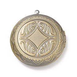Rack Plating Brass Locket Pendants, Photo Frame Charms for Necklaces, Cadmium Free & Lead Free, Flat Round with Rhombus, Brushed Antique Bronze, 48x45x10mm, Hole: 1.8mm, Inner Diameter: 29mm