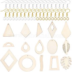 DIY Dangle Earring Makings, with Unfinished Wood Big Pendants, Brass Earring Hooks & Jump Ring, Mixed Shapes, Golden & Silver, Pendants: 120pcs/set