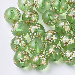 Perle di resina stampate traslucide, smerigliato, tondo con motivo sakura, verde chiaro, 14mm, Foro: 2 mm