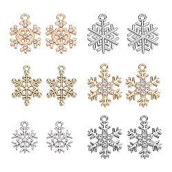 SUNNYCLUE 36Pcs 6 Style Alloy Pendants, with Crystal Rhinestone, Snowflake Charm, Platinum & Golden, 16~22x14~17x1.7~3mm, Hole: 1.2~2mm, 6pcs/style
