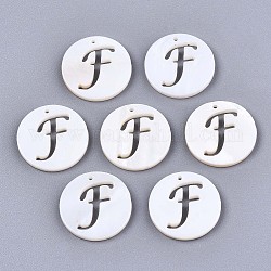 Natural Freshwater Shell Charms, Flat Round with Hollow Out Letter, Letter.F, 14.5x1.5mm, Hole: 0.9mm