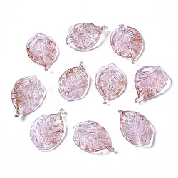 Handgefertigt Murano-Anhänger, mit Glitzerpulver, Blatt, Perle rosa, 22~23x14~15x5 mm, Bohrung: 1~1.5 mm