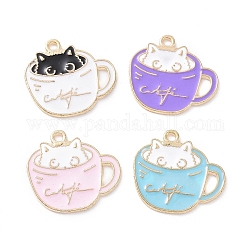 Alloy Enamel Pendants, Light Gold, Cup with Cat Charm, Mixed Color, 18.5x20x1mm, Hole: 1.5mm