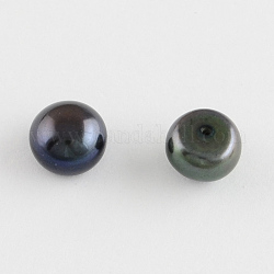 Grade AAAA Natural Pearl Beads, Half Drilled, Flat Round, Black, 6~6.5x5mm, Half Hole: 1mm