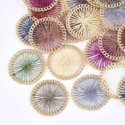Тканые подвески из полиэфирной нити, со сплавочной фурнитурой, плоско-круглые, золотые, разноцветные, 38x4 мм